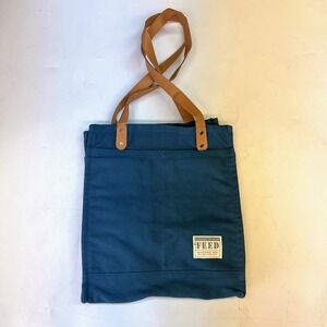 FEED Projects Market Tote Bag Teal Blue Canvas Tan Straps 2 Front Pockets